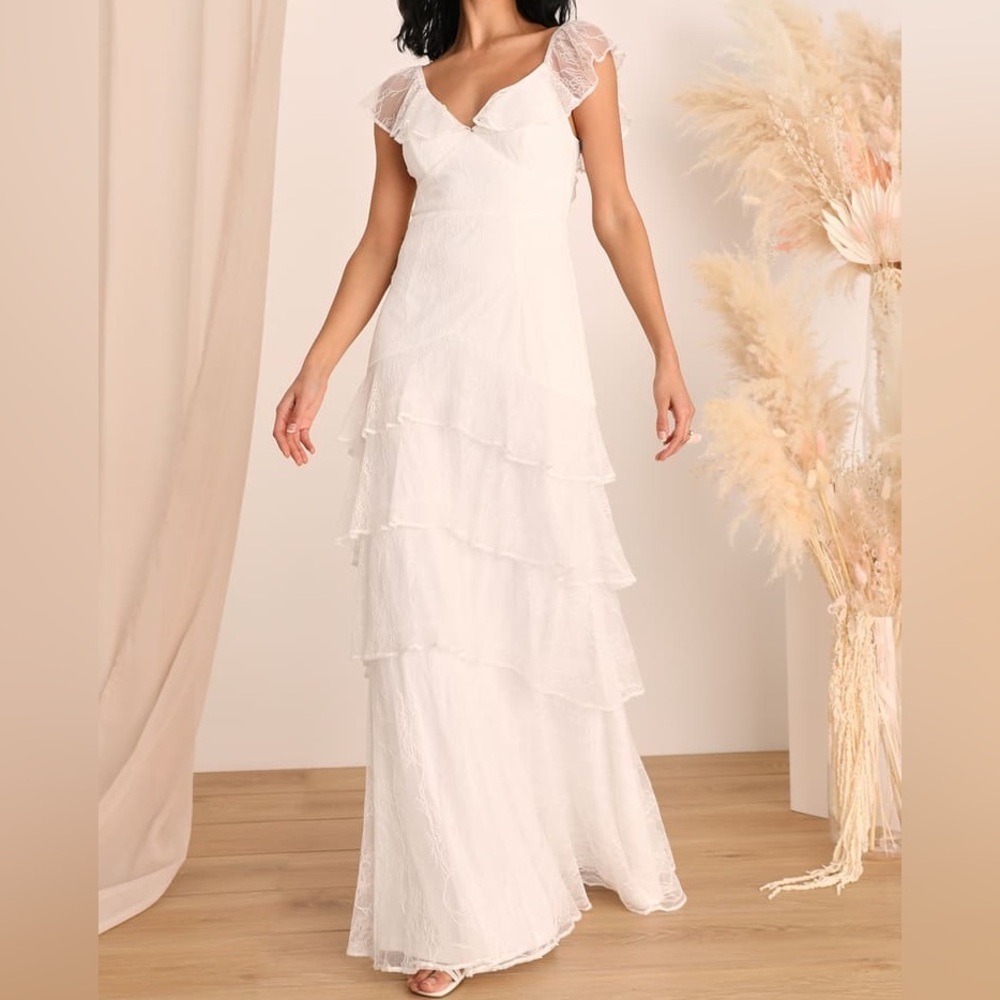 Lulus All About the Romance White Lace Tiered Sleeveless Maxi Wedding Dress NWT